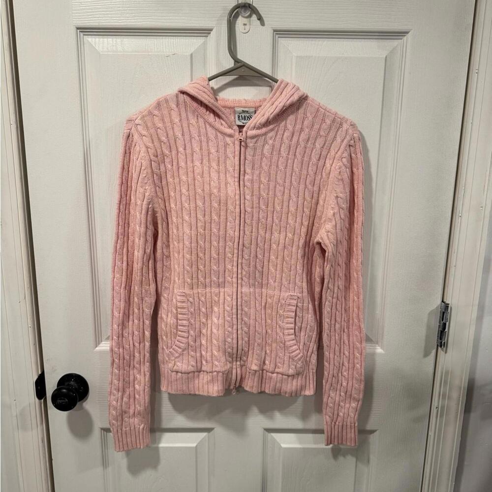 B. Moss Vintage Casual Pink Cable Knit Sweater Zip-up Hoodie Size Small